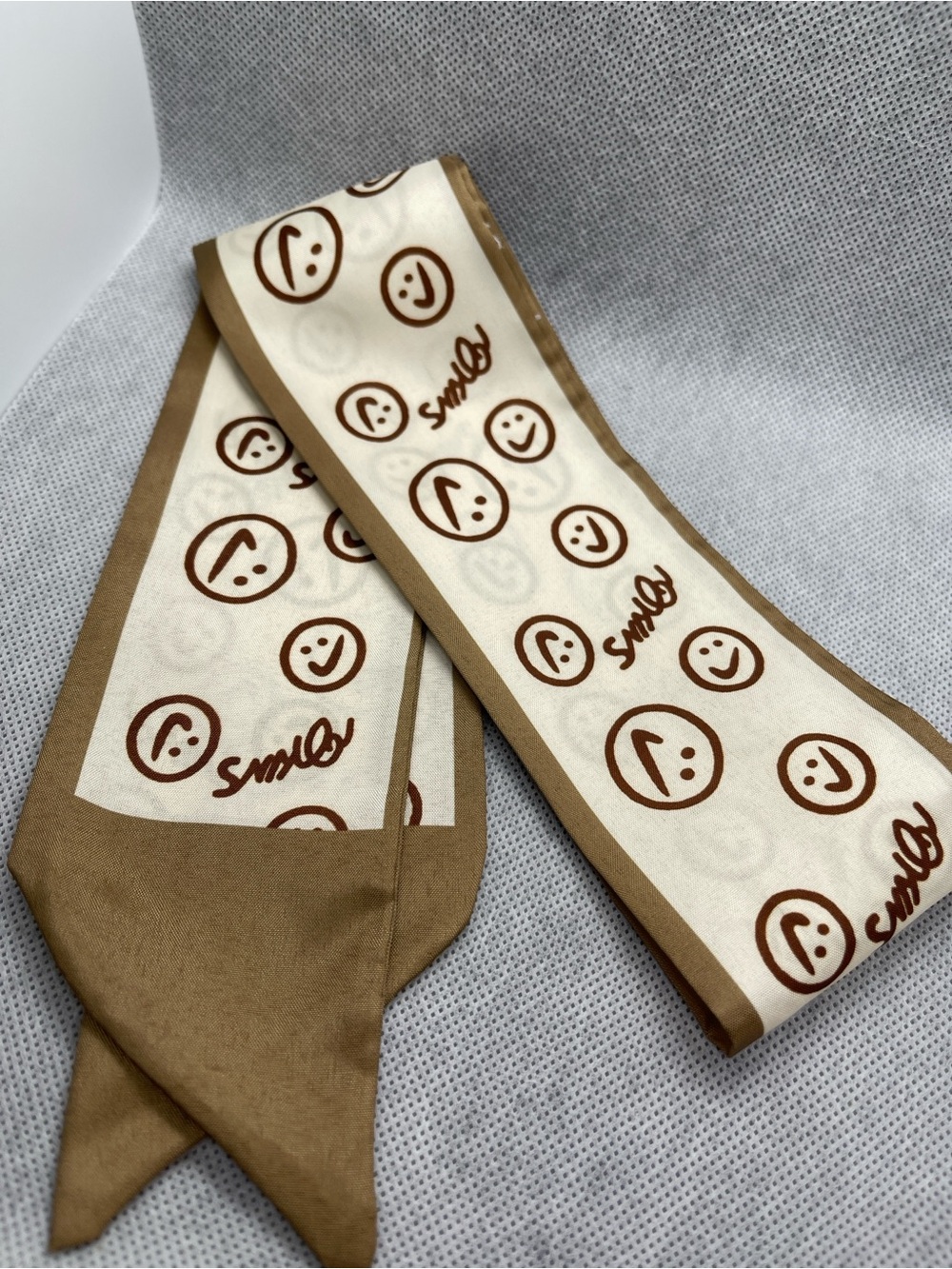 Smiley Print Skinny Scarf in Cream & Brown